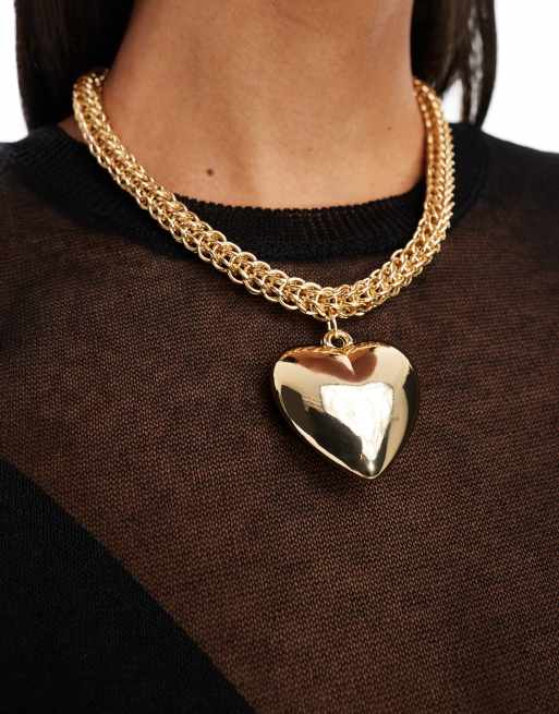 ASOS DESIGN - Collier avec maillons texturés et pendentif cœur bombé - Doré