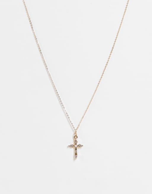 ASOS DESIGN - Collier avec pendentif croix et perle nacrée - Doré