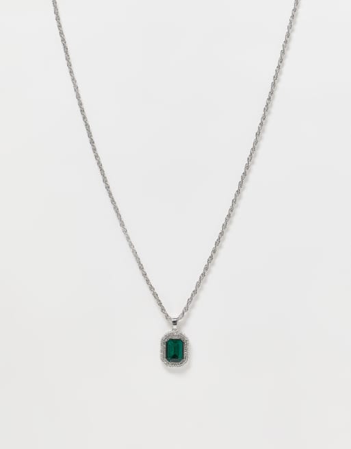 ASOS DESIGN - Collier avec pendentif en cristal vert - Argenté