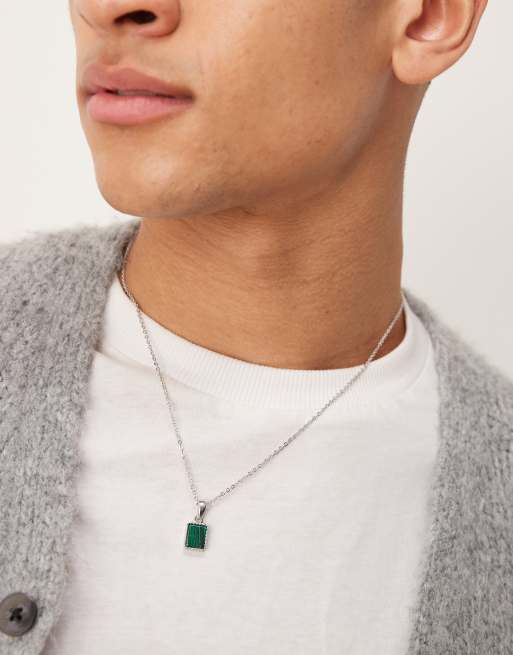 ASOS DESIGN - Collier avec pendentif en pierre malachite semi-précieuse - Argenté