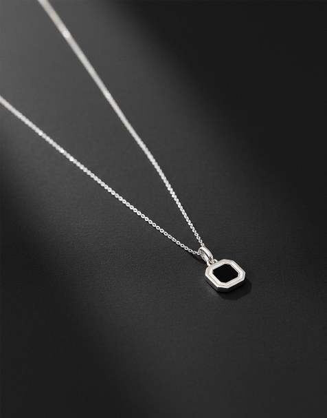 ASOS DESIGN - Collier avec pendentif octogonal semi-précieux en argent massif - Argenté - view 1