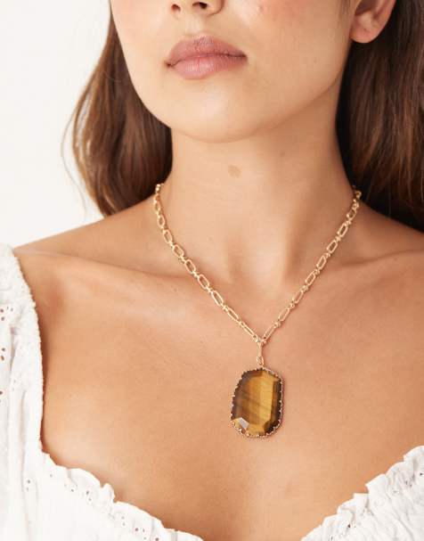 ASOS DESIGN - Collier avec pendentif oversize en pierre œil de tigre - Doré - view 1