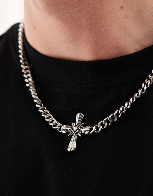 ASOS DESIGN - Collier chaîne à grand pendentif croix - Argent poli