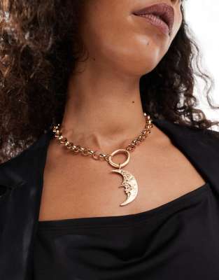 ASOS DESIGN - Collier chaîne à maillons chunky avec pendentif lune - Doré brossé