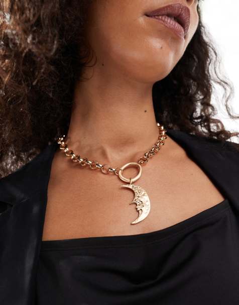 ASOS DESIGN - Collier chaîne à maillons chunky avec pendentif lune - Doré brossé - view 1