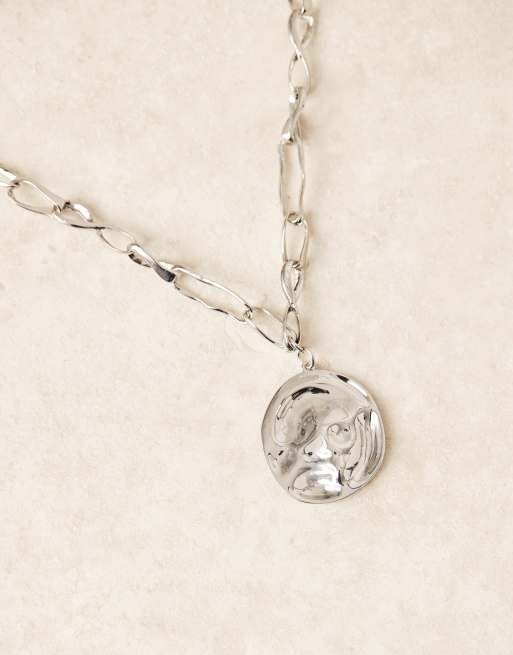 ASOS DESIGN - Collier chaîne à maillons épais et gros pendentif circulaire - Argenté, 2 de 3