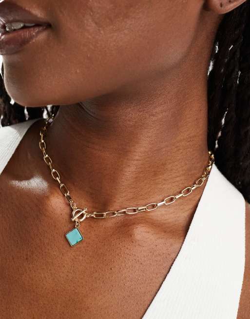 ASOS DESIGN - Collier chaîne avec barre en T et pendentif carré style pierre semi-précieuse - Doré