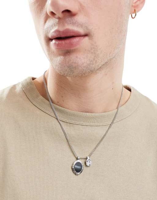 ASOS DESIGN - Collier chaîne avec pendentifs ornés d'une pierre noire et d'un cristal - Argenté