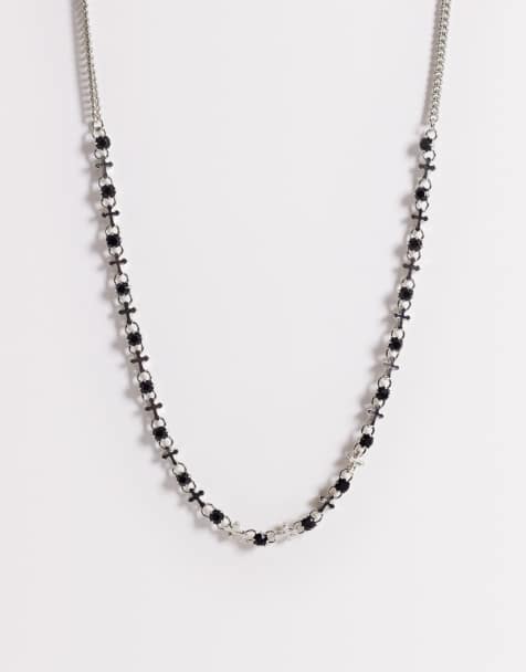 ASOS DESIGN - Collier chaîne avec pierre noire et croix - Argenté - view 1