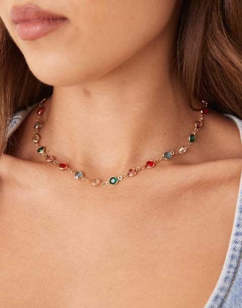 ASOS DESIGN - Collier court avec pierres fantaisie multicolores - Doré - view 1