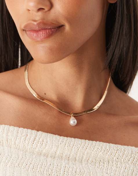 ASOS DESIGN - Collier court en maille plate avec pendentif perle fantaisie - Doré - view 1