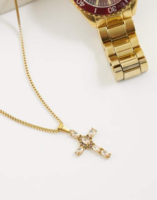 ASOS DESIGN - Collier croix en acier inoxydable avec pendentif en pierre citrine et cristal - Doré, 2 de 4