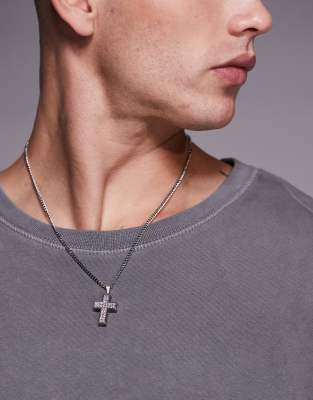 ASOS DESIGN - Collier de festival en acier inoxydable étanche avec pendentif croix à strass - Argenté