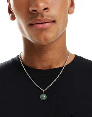ASOS DESIGN - Collier de festival en acier inoxydable étanche avec pendentif pierre de jade ronde synthétique - Argenté