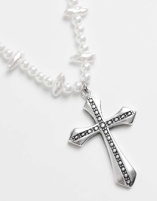 ASOS DESIGN - Collier de perles avec fausse perle et pendentif grosse croix, 3 de 4