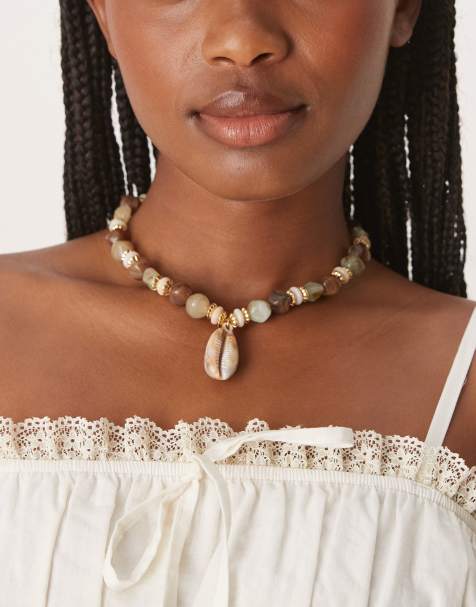 ASOS DESIGN - Collier de perles avec pendentif coquillage fantaisie - Vert/marron - view 1