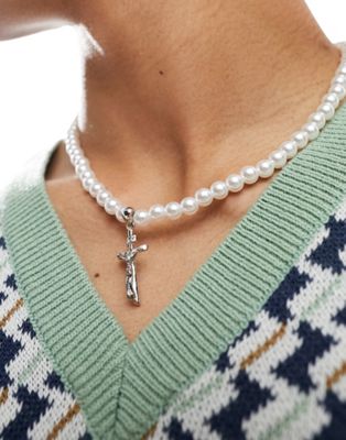 ASOS DESIGN 6mm faux pearl necklace with cross pendant in silver tone - ASOS Price Checker