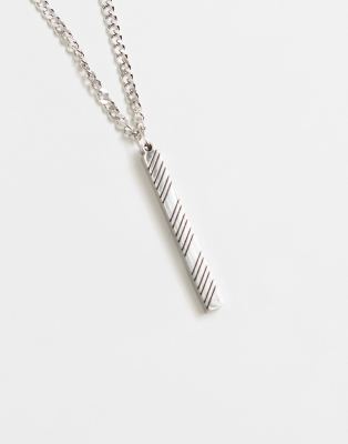 ASOS DESIGN waterproof stainless steel necklace with figaro chain and embossed bar pendant in silver tone - ASOS Price Checker