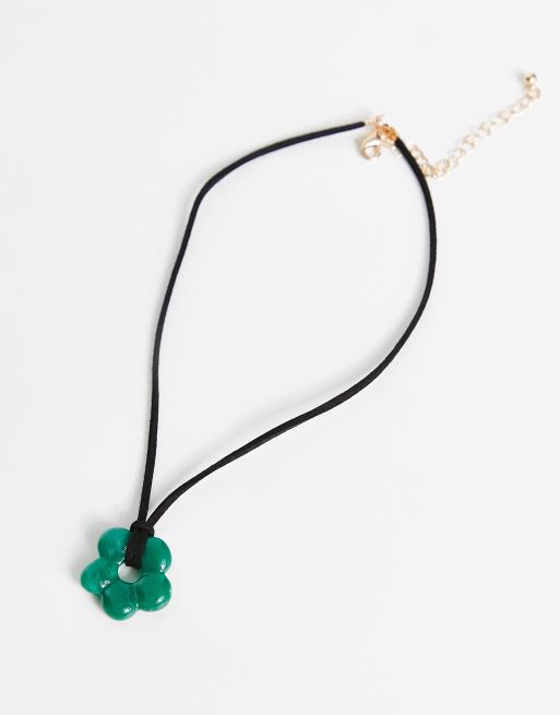 ASOS DESIGN - Collier mi-long en corde avec pendentif fleur en pierre  semi-précieuse - Vert