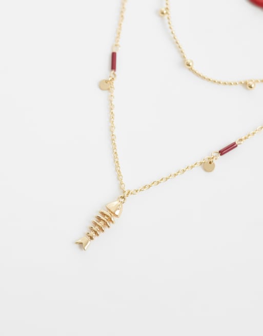 ASOS DESIGN - Collier multi-rangs à petites breloques poissons - Doré, 4 de 4