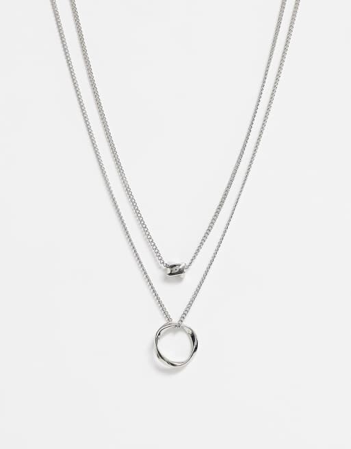 ASOS DESIGN - Collier multi-rangs avec anneau et perle pépite torsadée - Argenté