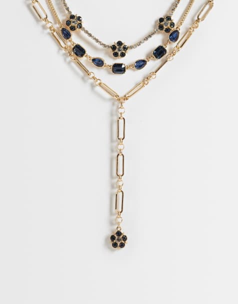 ASOS DESIGN collier multi-rangs avec détail de chaînes mixtes et pierre bleue sertie finition dorée - view 1