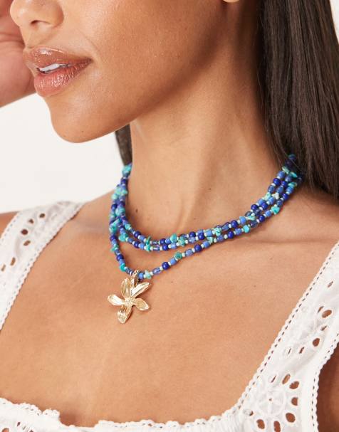 ASOS DESIGN - Collier multi-rangs avec éclats de pierres synthétiques bleues et pendentif fleur doré - view 1