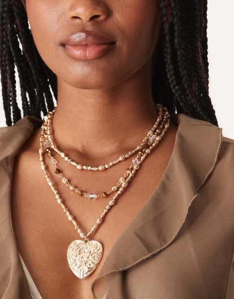 ASOS DESIGN - Collier multi-rangs avec grand pendentif cœur effet martelé et perles marron - Doré - view 1