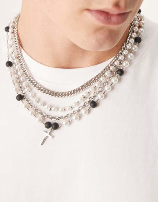 ASOS DESIGN - Collier multi-rangs avec perles fantaisie et pendentif croix - Argenté