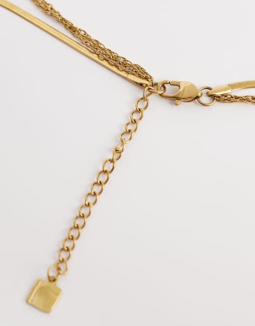 ASOS DESIGN - Collier multi-rangs en acier inoxydable résistant à l'eau avec pierre et chaîne - Doré, 3 de 4