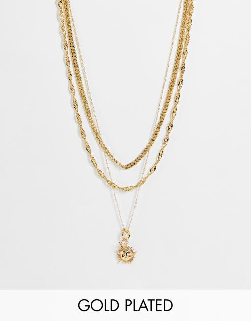 ASOS DESIGN - Collier multi-rangs en plaqué or 14 carats avec barre en T et pendentif soleil