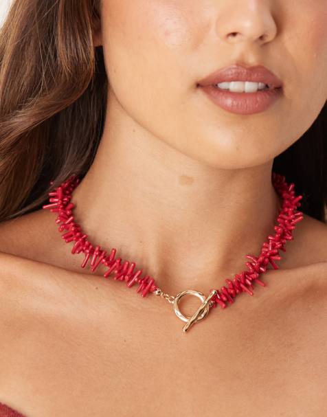 ASOS DESIGN - Collier orné d'éclats de pierres fantaisie avec barre en T - Rouge - view 1