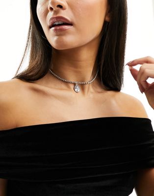 ASOS DESIGN choker necklace with crystal teardrop design in silver tone - ASOS Price Checker