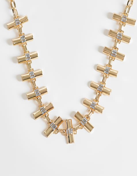 ASOS DESIGN collier statement à maillons en T et détail en faux cristal, ton doré - view 1