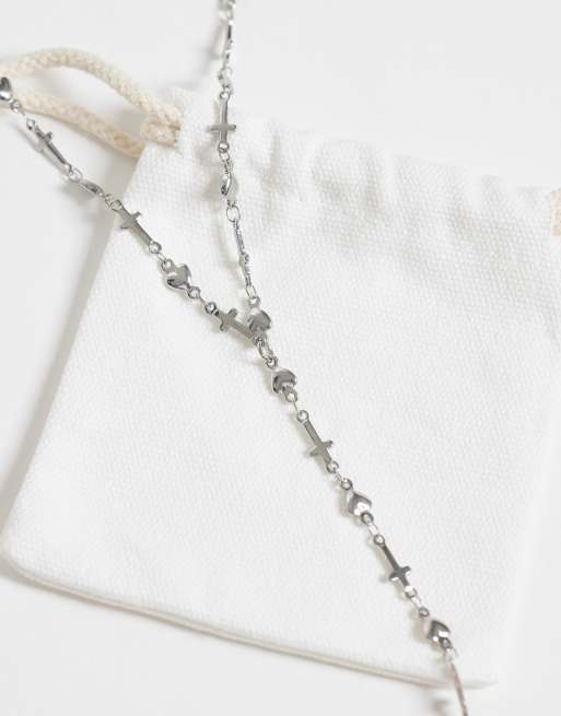ASOS DESIGN collier y-drop croix et cœurs en acier inoxydable imperméable argenté, 3 de 4