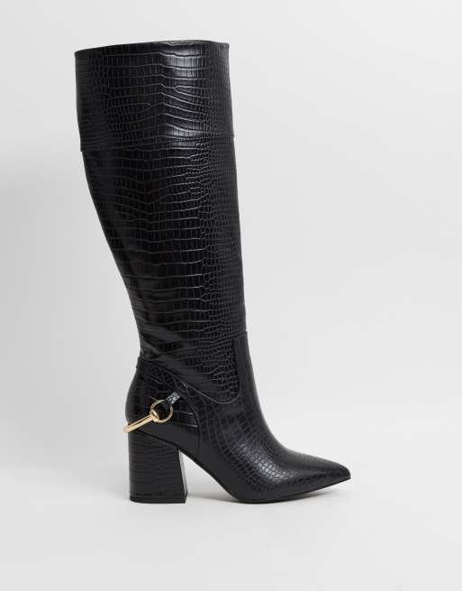 ASOS DESIGN – Collins – Kniehohe Stiefel in Kroko-Schwarz mit Blockabsatz
