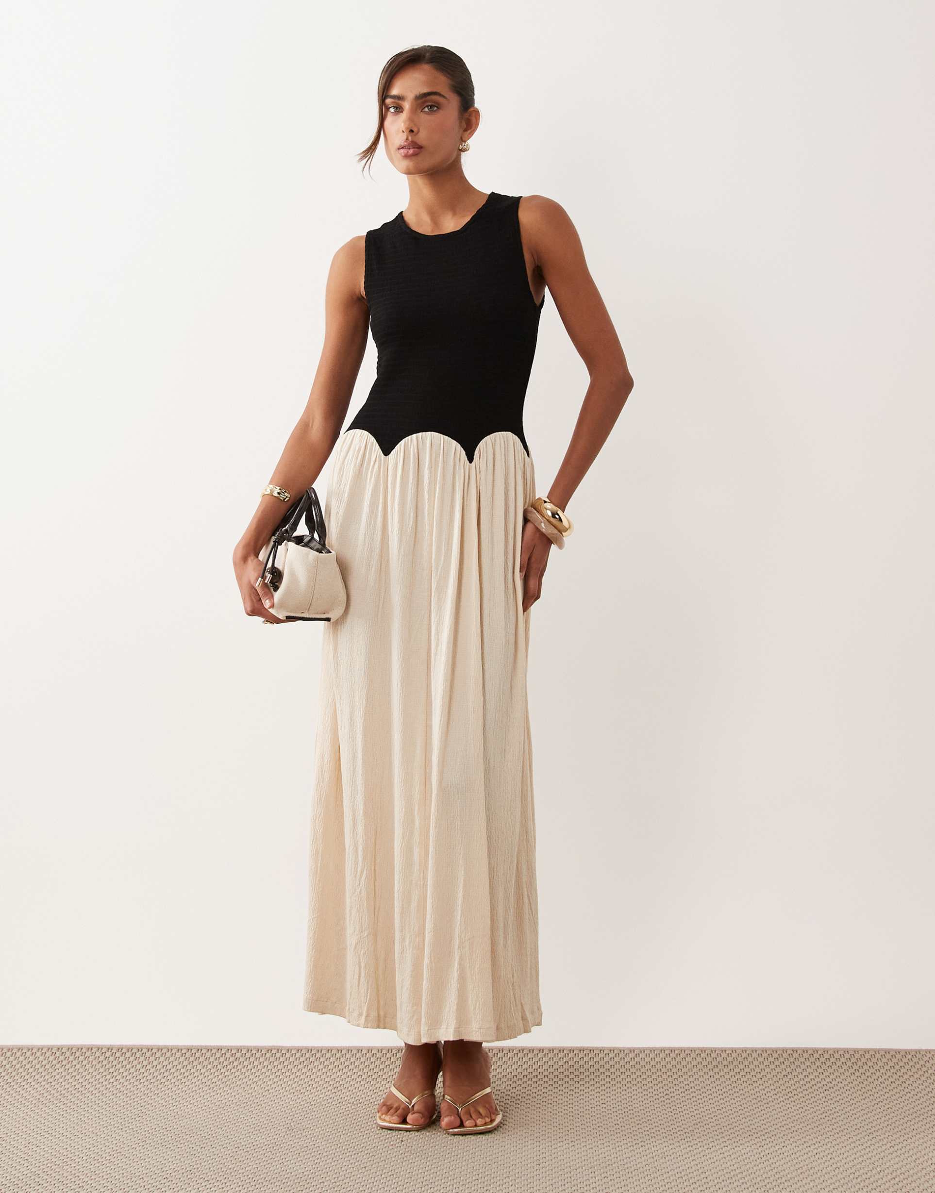 asos design color block crinkle midi dress in black & cream