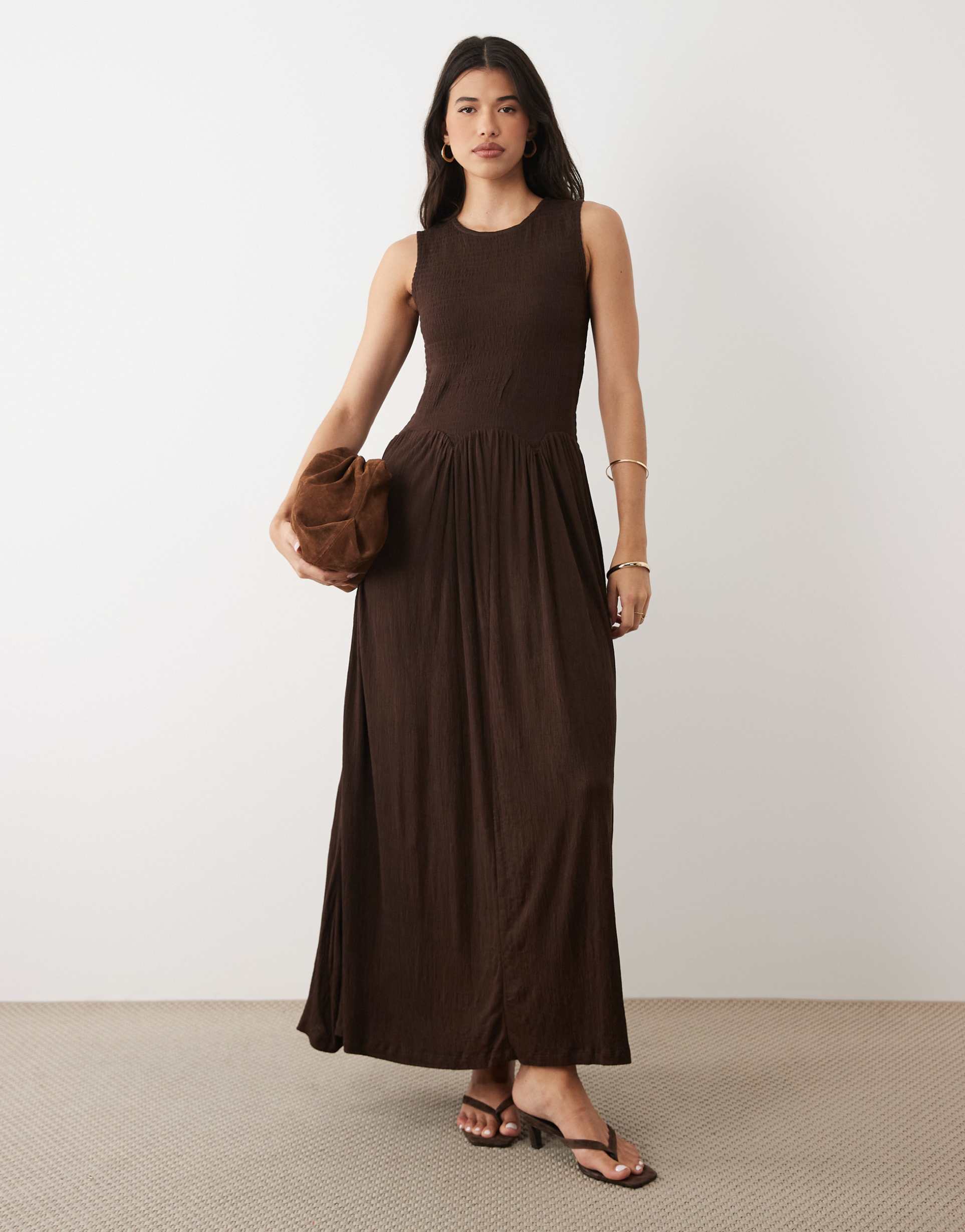 asos design color block crinkle midi dress in chocolate