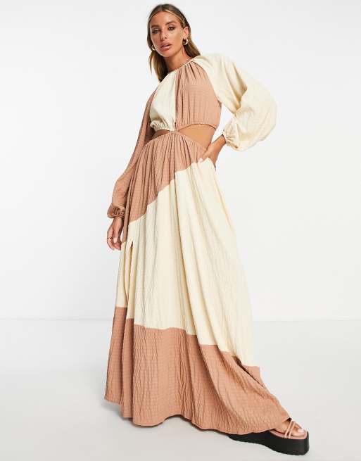 ASOS DESIGN color block cut out maxi dress in mocha and natural texture