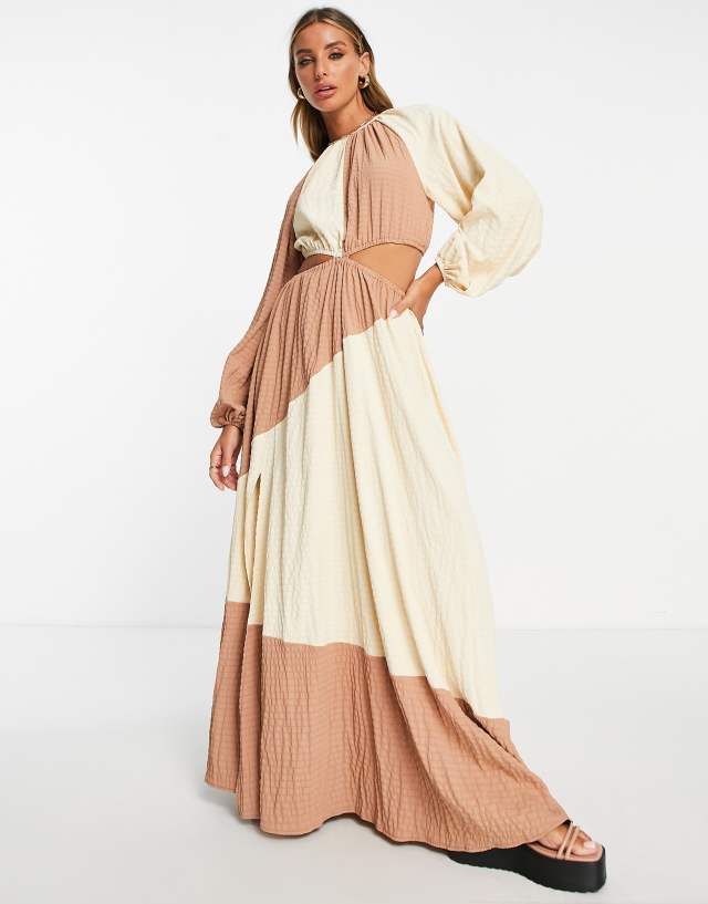 ASOS DESIGN color block cut-out maxi dress in mocha and natural texture