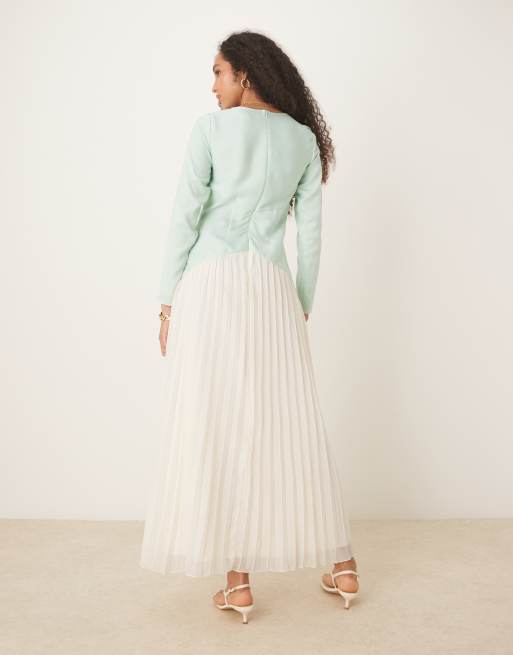 ASOS DESIGN color block dropped waist pleated skirt maxi dress in green and cream