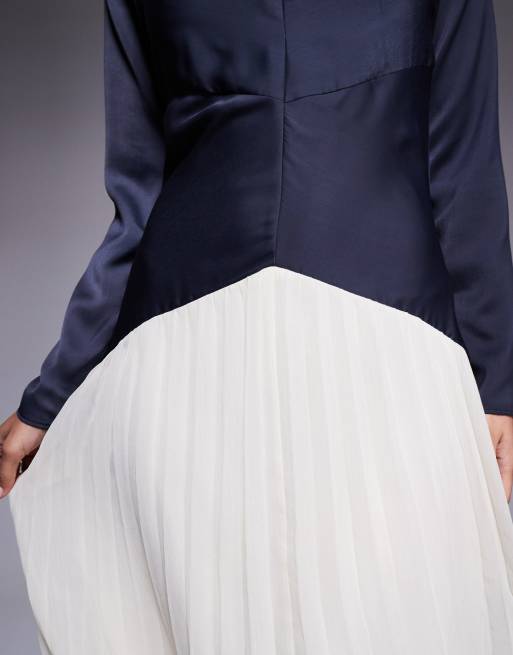 ASOS DESIGN color block dropped waist pleated skirt maxi dress in navy and cream