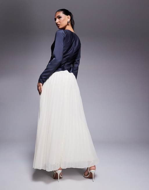 ASOS DESIGN color block dropped waist pleated skirt maxi dress in navy and  cream | ASOS