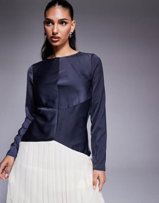 ASOS DESIGN color block dropped waist pleated skirt maxi dress in navy and cream