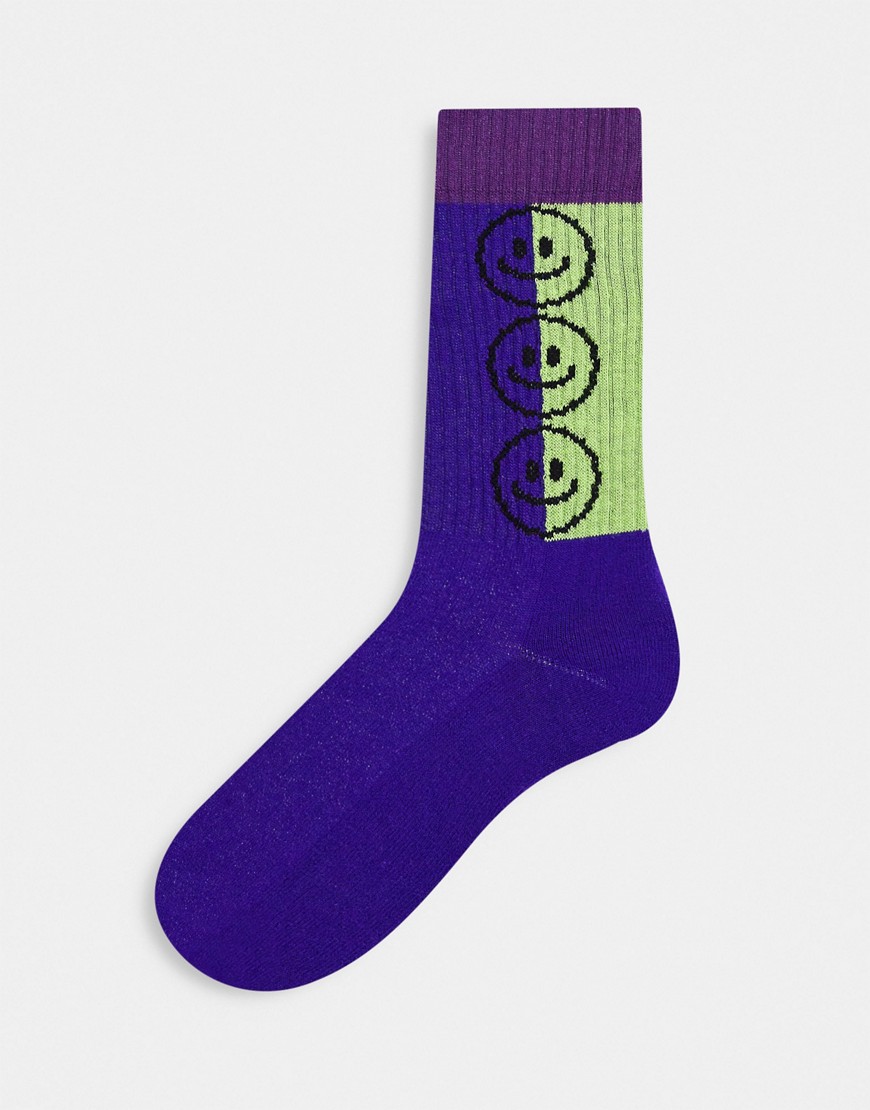 ASOS DESIGN color block happy face sports sock in purple-Multi