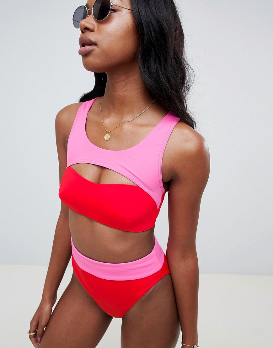 ASOS DESIGN color block high leg high waist bikini bottom in red/pink-Multi