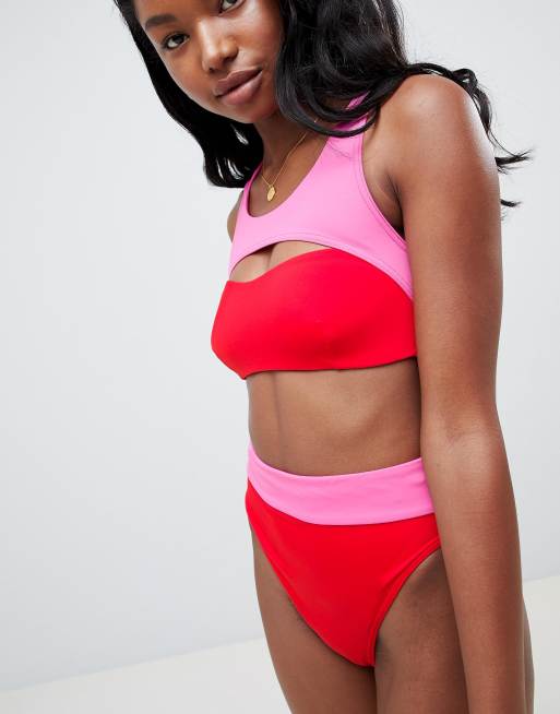 Time to Tan Red and Pink Color Block High-Rise Bikini Bottoms