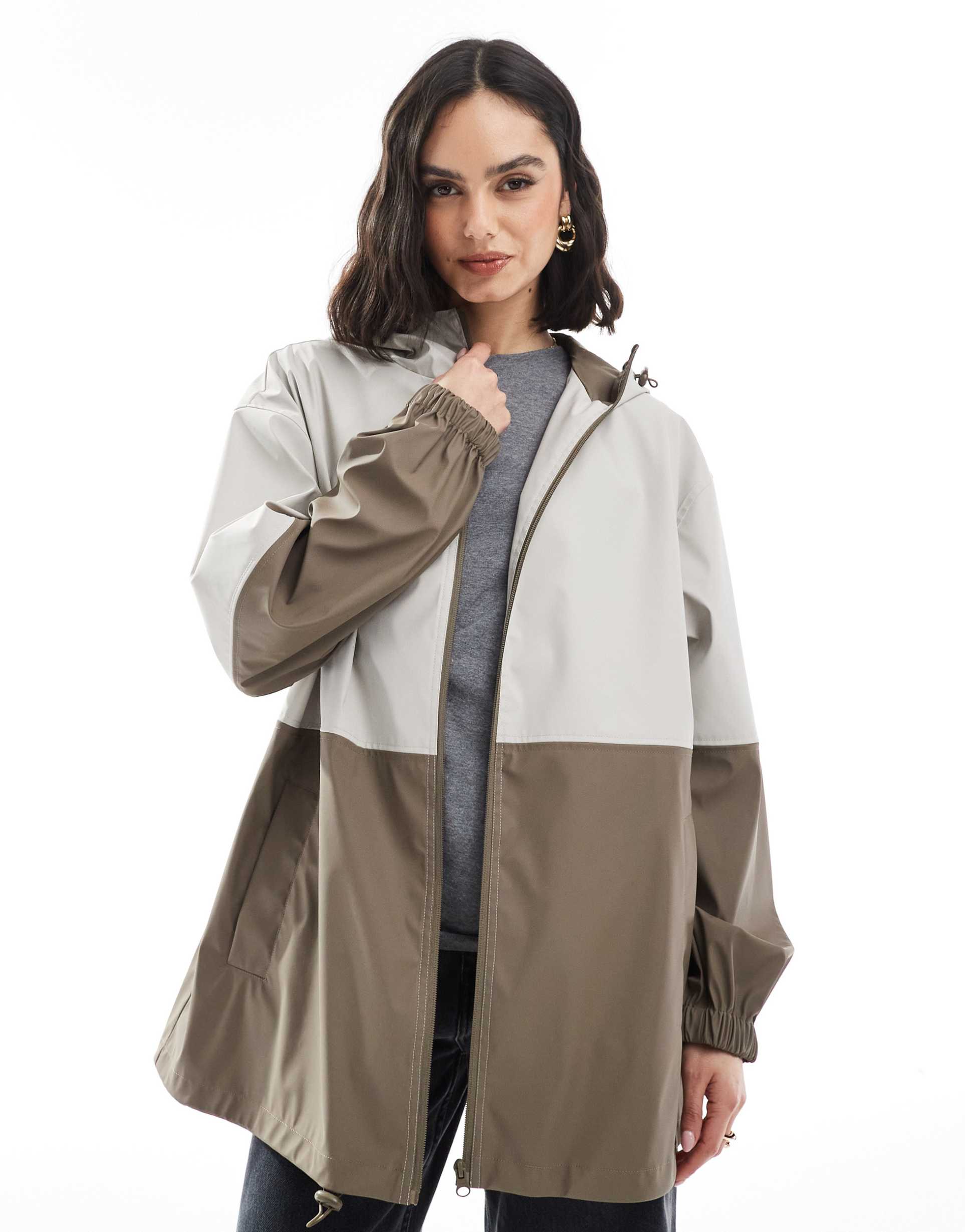 asos design color block hooded rain coat in khaki/sage