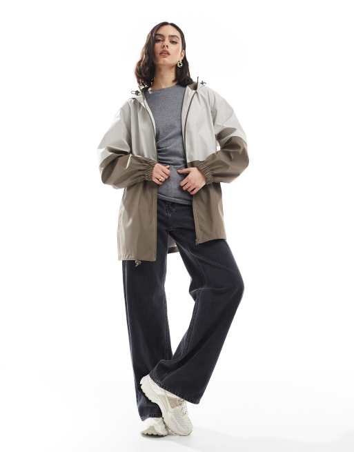 ASOS DESIGN color block hooded rain coat in khaki/sage