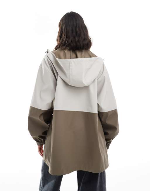 ASOS DESIGN color block hooded rain coat in khaki/sage